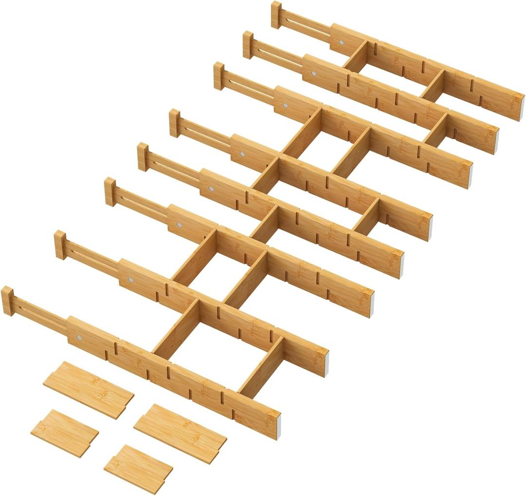 kiplant Bamboo Drawer Dividers - Adjustable Drawer Dividers for Clothes, Kitchen, Closet & Office - 8 Pack with Inserts, 18-22.6 Inches, Non-Slip Silicone Ends (Large, Natural)