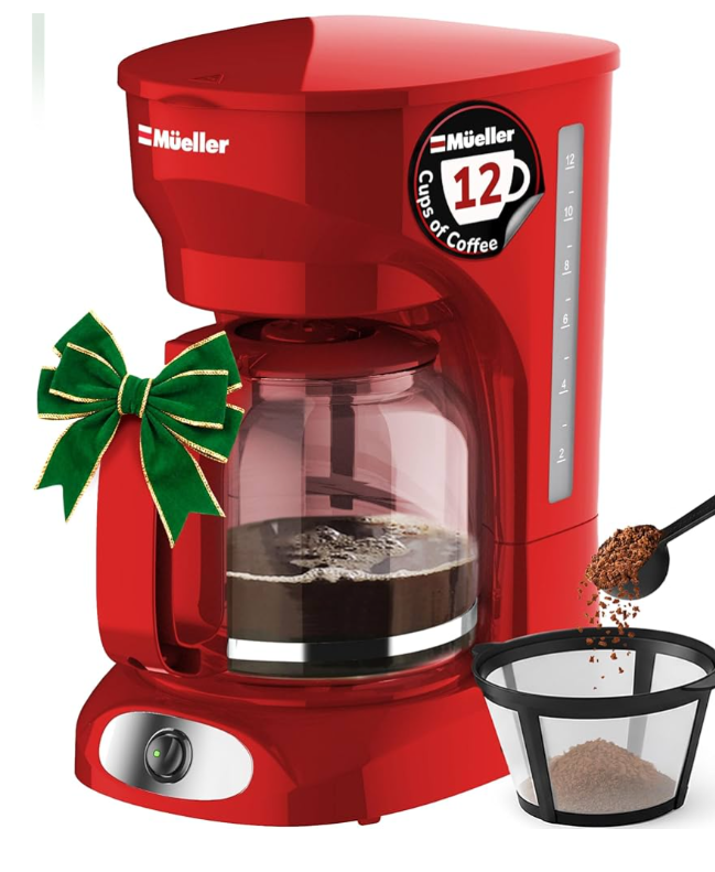 MUELLER HOME 12-Cup Red Coffee Maker - Perfect for Home or Office, Borosilicate Carafe, Auto-Off, Reusable Filter, Anti-Drip, Keep-Warm Function, Clear Water Level Window, Red Kitchen Accessories