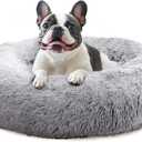 JOLLYVOGUE Calming Dog Bed Large Size Dog, Anti-Anxiety Donut Large Pet Bed, 36 inches Fluffy Faux Fur Round Cat Bed, Fits up to 75 lbs Pets (Smoke Grey) (36.0"L x 36.0"W x 8.0"Th)