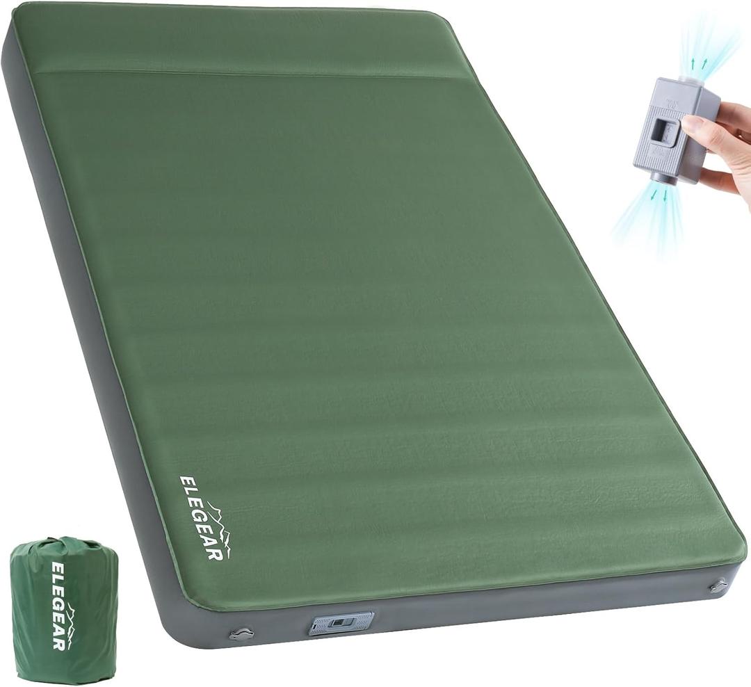 Elegear Air & Foam Self Inflating Sleeping Pad, Built-in Electric Pump 4" Ultra-Thick Memory Foam Camping Mattress with Pillow Double Camping Pad 4-Season R-value 9.5 Camp Mat for Car/Traveling - Full (Army Green+pump)