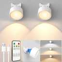 LED Wall Lights, [160H Battery Operated] Wireless Rechargeable Mounted, 3 Color & 4 Brightness Level & 360Rotate & Touch or Remote, Wall Sconces for Reading Bedroom(White,Set of 2)