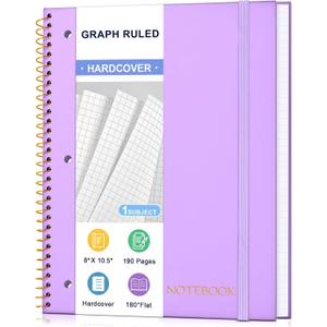 Spiral Notebook Graph Ruled Paper 8" x 10 1/2", 1 Subject Spiral Grid Notebook 3-Hole Punched Perforated Page Ideal for School, Office, Writing, 95 Sheets Lined Journaling Graphing Notebook, Purple