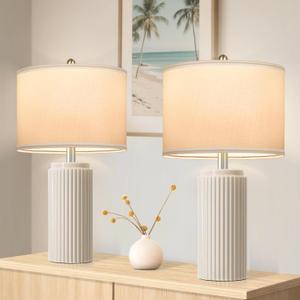 23.5 Beige Modern Ceramic Table Lamps Set of 2 for Living Room, Farmhouse Bedside Lamps with Upgraded White Linen Shade, Rustic Nightstand Lamps for Bedroom Home Office, Vintage End Table Dorm