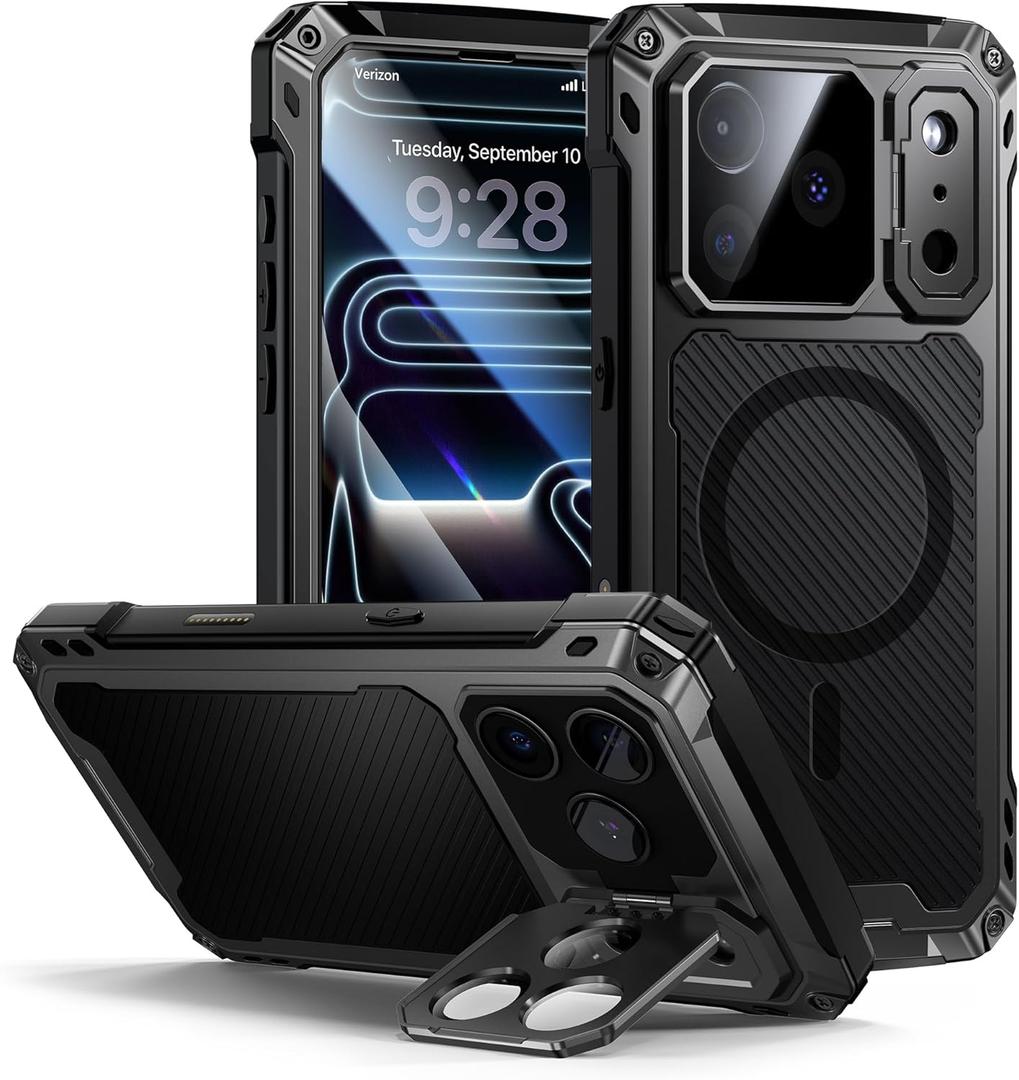 Lanhiem for iPhone 17 Pro Metal Case with Kickstand, Compatible with MagSafe, Built in Tempered Glass Screen Protector, Heavy Duty Shockproof Rugged Phone Cases, Full Body Tough Cover 6.3" (Black)