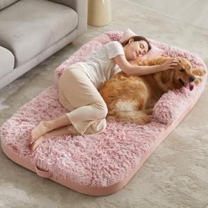 BFPETHOME Human Dog Bed,71" x 46" x 7.5" Human Dog Bed for Adults Fits Pet Families, Oversized Faux Fur Orthopedic Pet Bed with Supportive Egg Foam and Waterproof Liner, Pink