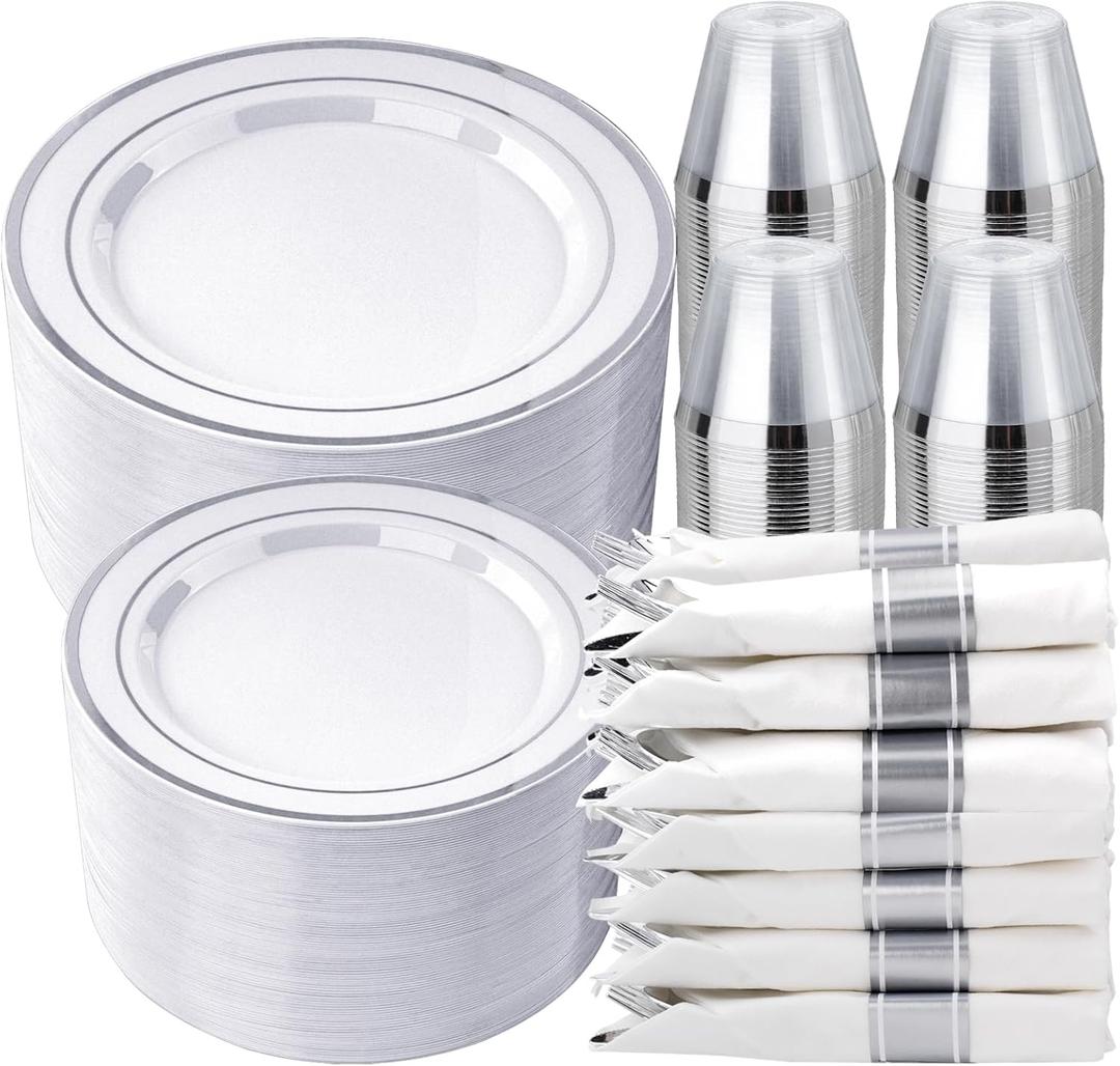 realluck 350 PCS White and Silver Plastic Dinnerware Set for 50 Guests, 100 Disposable Plates for Party, 50 Pre Rolled Napkins with Silver Silverware, 50 Cups