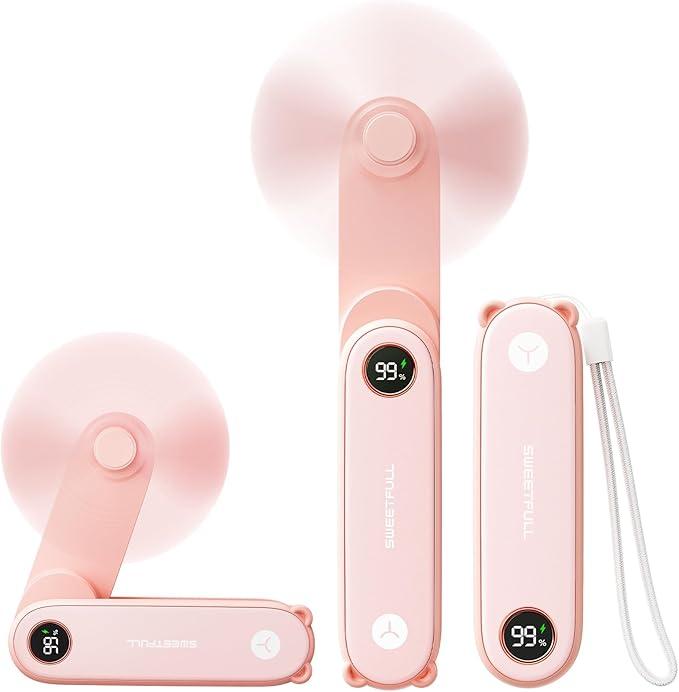 SWEETFULL Portable Handheld Mini Fan with LED Display, 3-in-1 Personal Foldable USB Rechargeable Hand Held Fan & Flashlight for Travel, Lash Eyelash, Cute Small Pocket for Women, Girls
