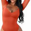 FeelinGirl Long Sleeve Bodysuit for Women Sexy Mesh V Neck Body Suits Thong Corset Top Going Out Outfits for Party (Large, Purple)