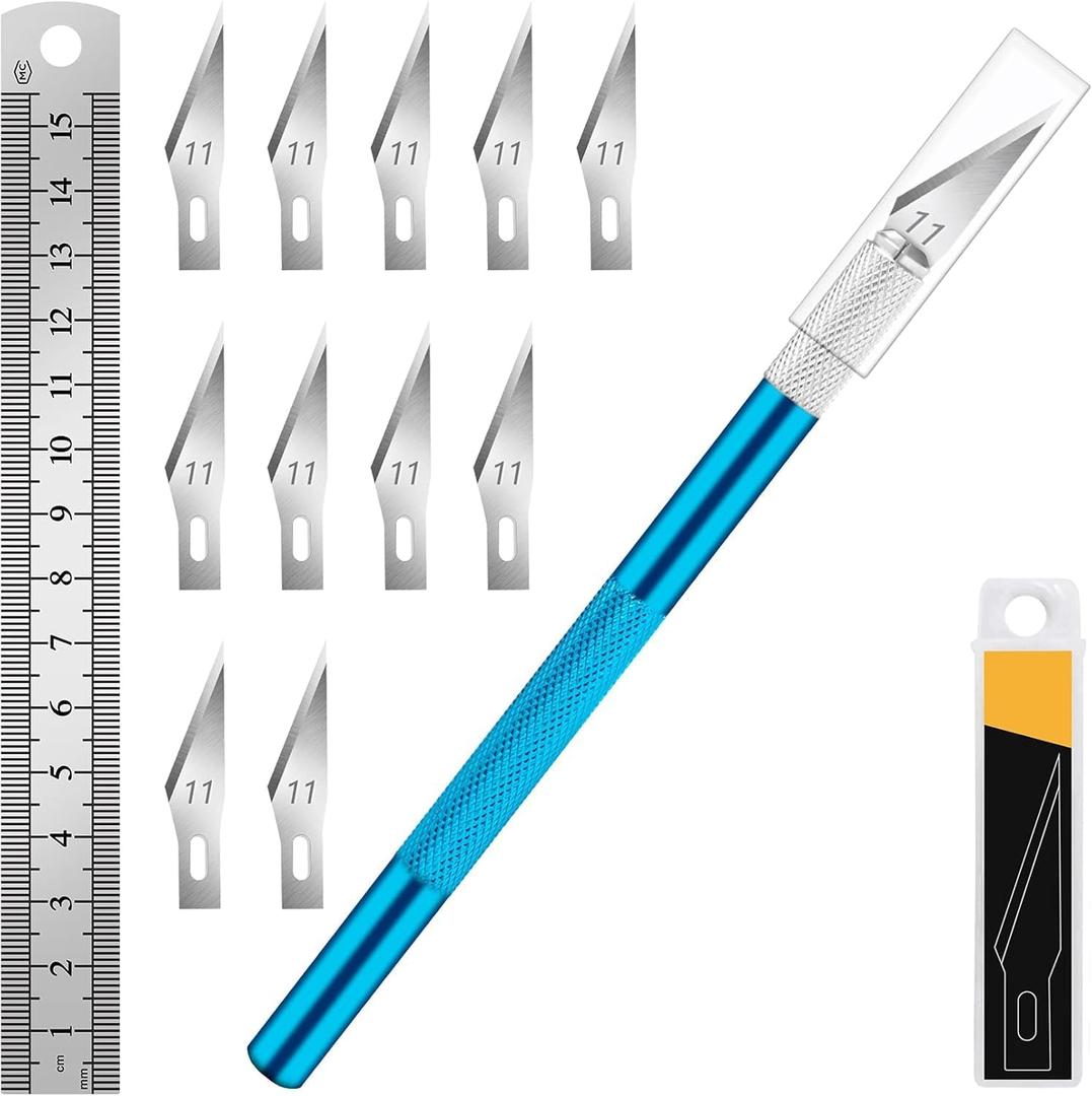 DIYSELF Craft Knife with 10 Extra #11 Blades, Precision Hobby Knife Set with Steel Ruler, Exacto Knife for Crafting, Polymer Clay, Pottery, Paper, Vinyl, Stencil & Model Making (Blue)