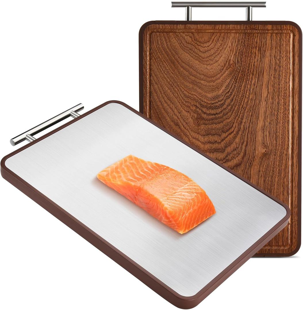 Titanium Cutting Board for Kitchen, Double Sided Cutting Board with Wood and Titanium Surfaces, Sturdy and Easy to Clean, Ideal for Meat, Vegetables and Meal Prep (16.3"L x 10.2"W, Silver)