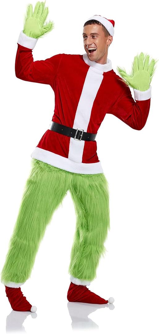 Adult Green Christmas Monster Santa Costume with Mask 7 PCS Deluxe Funny Cosplay Outfit Set Include Mask (Adult-XXL/XXXL)
