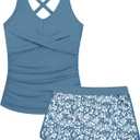 Girls Tankini Swimsuits 2 Piece Criss Cross Ruched Swimwear Printed Swim Shorts Girl Bathing Suit for 9-16 Years (Blue+floral Print)