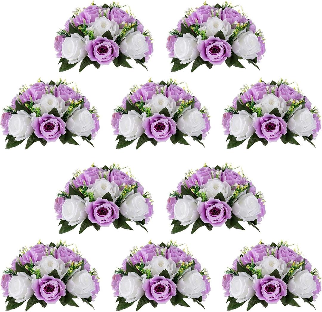 NUPTIO Flower Wedding Centrepieces for Tables - 10 Pcs 9.5in Diameter Lilac & White Artificial Flowers Rose Ball for Centerpieces Table - Fake Rose Arrangements for Weddings Birthday Party Decor