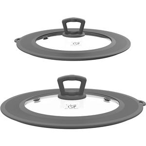 Set of 2 Vented Tempered Glass Universal Lid for Pot Pan Skillet with Heat Resistant Silicone Microwave Splatter Cover Microwave Safe Fit 6.5" 7" 7.5" and 9.5" 10" 10.5" 11", Light Grey