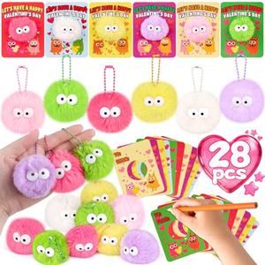 Amy&Benton 28 Packs Valentines Day Gifts for Kids Classroom with Valentine Stuffed Animal Keychain Valentines Cards for Girls Boys Exchange Gifts Mini Plush Toys Valentine Party Favors School Prizes