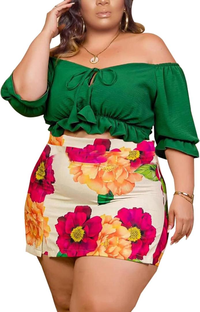 Women Plus Size Skirt Two Piece Outfit Short Sleeve Off The Shoulder Crop Top shorts Dress Suit Set (X-Large, Green)
