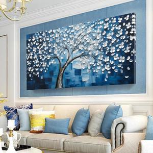 SSNEEKNDG Blue Tree of Life Wall Art for Bedroom White Flower Tree Large Artwork for Living Room Office Kitchen Modern Aesthetic Pictures Canvas Prints 24"x48"