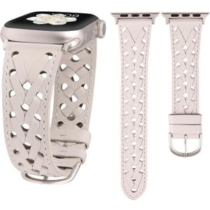 Wearlizer Leather Band Compatible with Apple Watch Band 41/40/38/44/45/46/49/42mm Women Men, Dressy Breathable Hollow-out Braided Strap for iWatch Bands Series 11 10 9 8 7 6 5 4 3 SE/Ultra 3 2 1 (Starlight/Starlight Buckle)