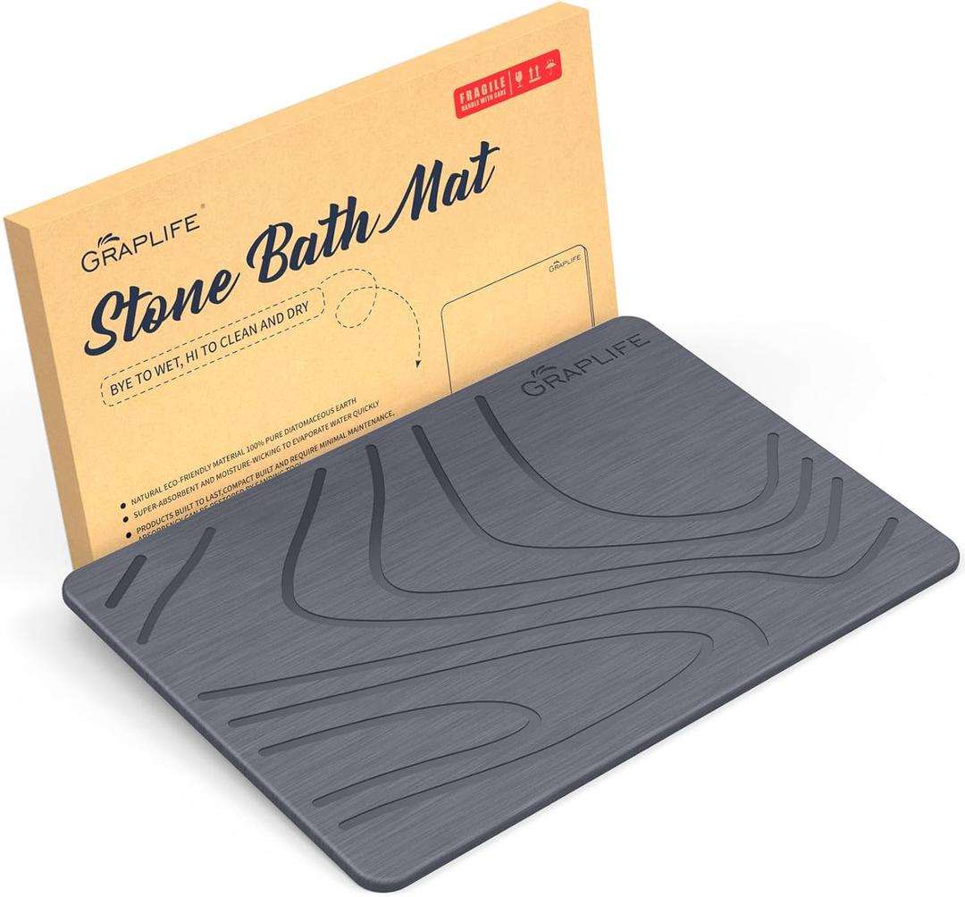 Stone Bath Mat, Diatomaceous Earth Shower Mat, Non-Slip Super Absorbent Quick Drying Bathroom Floor Mats, Natural, Easy to Clean (23.6 x 15.35 Darkgrey)