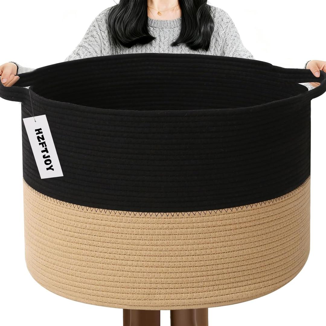 115L Large Blanket Basket,23.6" L x 23.6" W x 15.7" H Rope Woven Baskets with Handles, Toys Storage Bins,Laundry Basket Perfect for Living Room, Nursery,Bedroom,Home Organization,Black&Camel