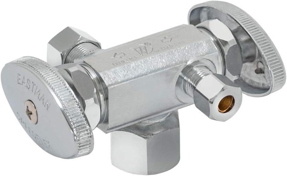 Eastman 3/8 inch OD Compression x 1/4 inch OD Compression x 1/2 inch FIP Multi-Turn Dual Handle Three Way Stop Valve, Brass Plumbing Fitting, Chrome, 04423LF