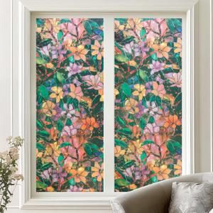 Amiya Stained Glass Window Film,Rainbow Window Privacy Film,Non-Adhesive Reusable Decorative for Home,Room,Door 23.6x78.7Inch,Floral, 23.6 X157.5 inches