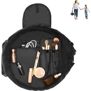 Drawstring Cosmetic Bag for Women - Travel Accessories for Women Travel Make Up Organizer Bag for Toiletry with Brush Area (Black)