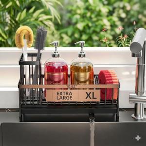 Premium Extra Large Kitchen Sink Organizer Caddy - Premium Stainless Steel Sponge Holder, Dish Brush Rack & Soap Dispenser Tray for Countertop Storage (Black)
