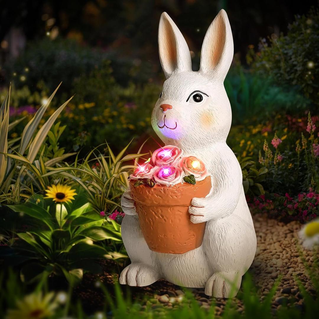 Brightever Solar Powered Outdoor Garden Statues- Rabbit with Flowers and 5 Colorful LED Lights, 11.8IN Outdoor Figurine Lights, Solar Garden Bunny Statue for Mom, Women, Female