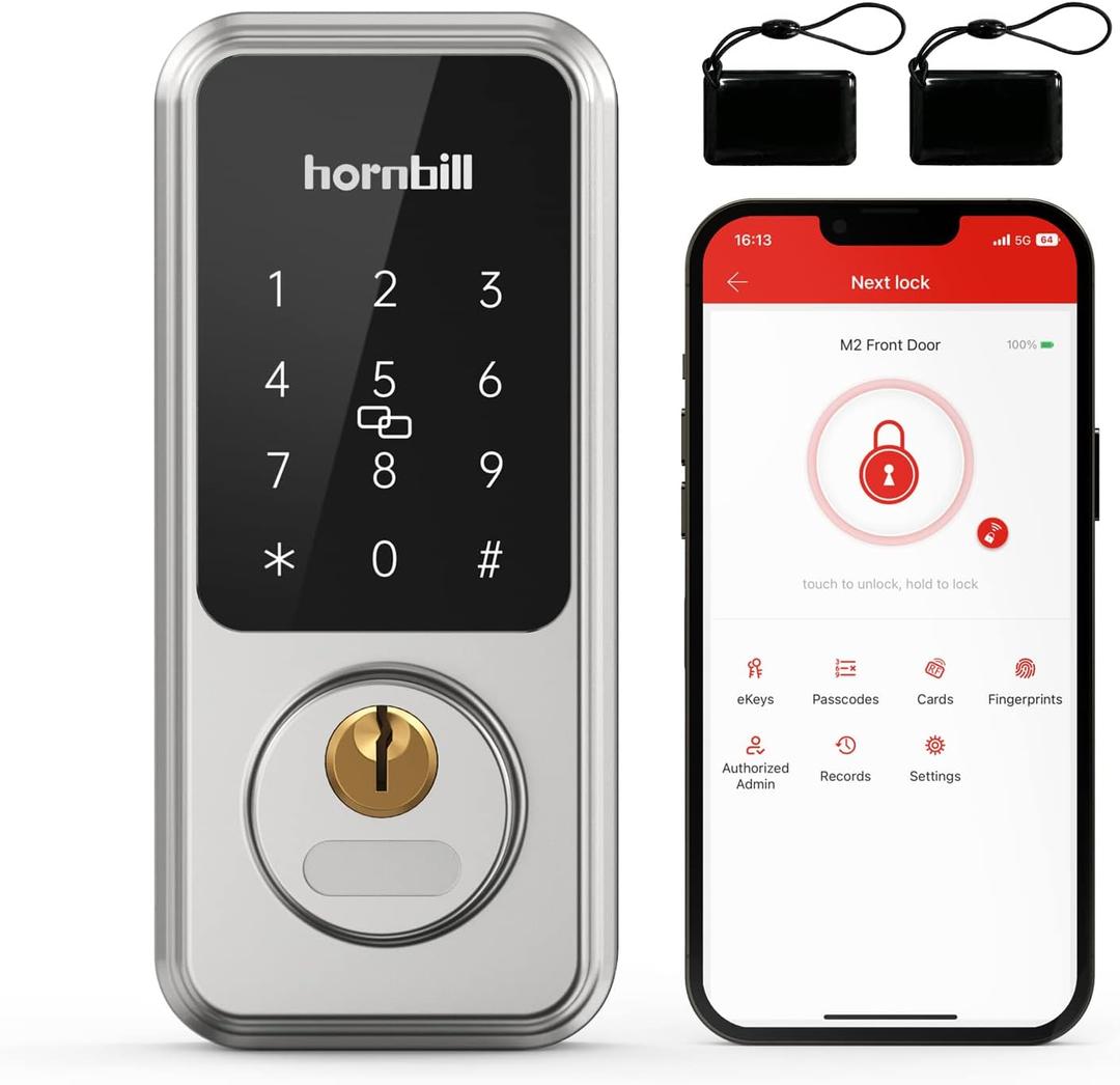Smart Front Door Locks Deadbolt: Hornbill Keyless Entry Door Lock, Electronic Digital Door Lock with Keypad, Bluetooth Smart Deadbolt App Control, Auto Lock for Homes and Hotel (Silver)
