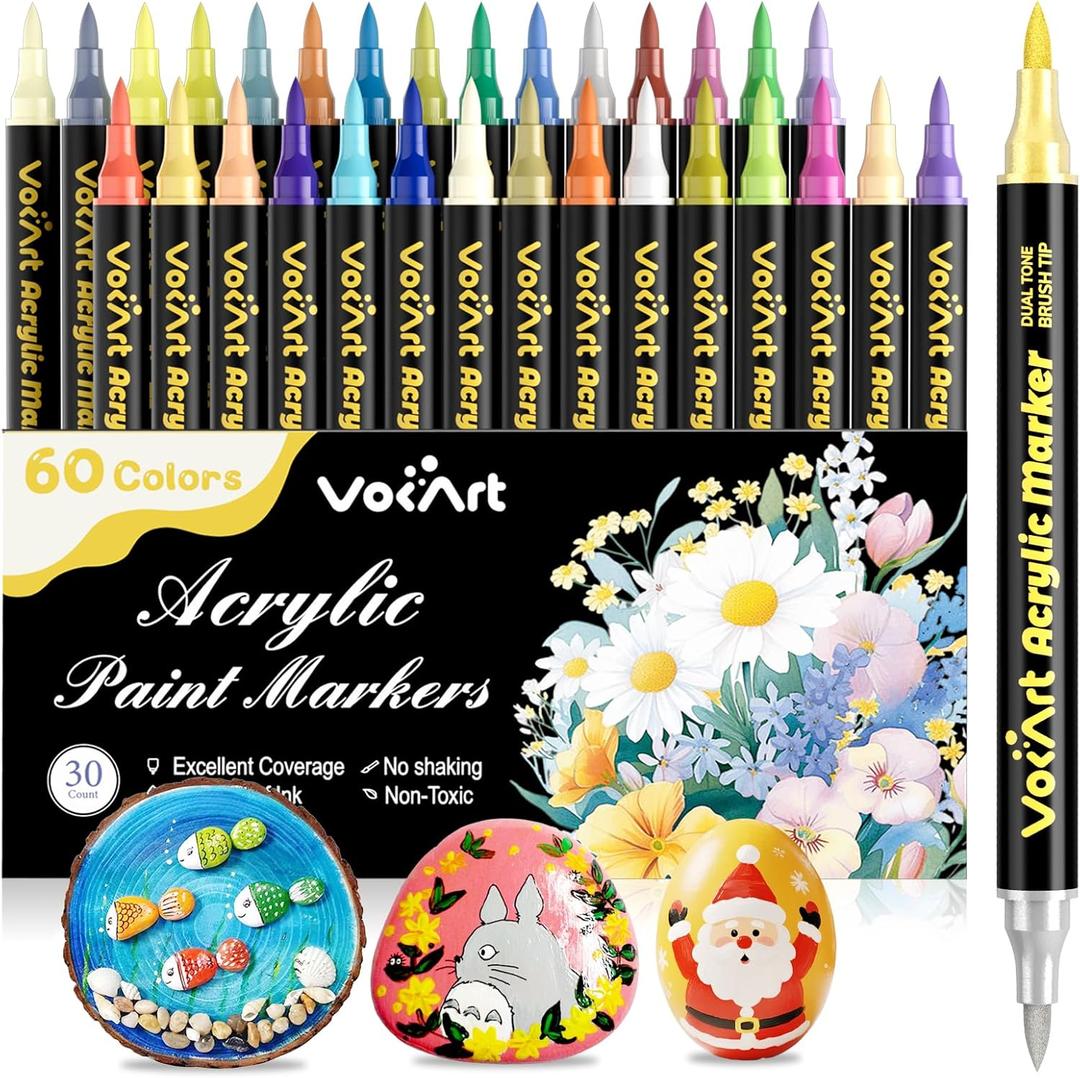 VOKART 60 Colors Acrylic Paint Markers - 30 Dual Brush Tip Paint Pens Including 2 Metallic Colors for Rock, Canvas, Fabric, Wood, Glass, Ceramic - Art Supplies for Artists, Kids, DIY & Holiday Decor