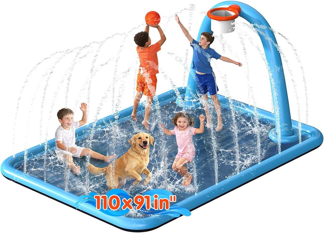 Instraella Splash Pad, 110x91'' 2-in-1 Large Sprinkler Mat with Basketball Hoop and Arch for Kids Outdoor Play, Shoot Game for Backyard, Inflatable Water OutdoorToys More Fun for Boys and Girls, Square 110*91 in