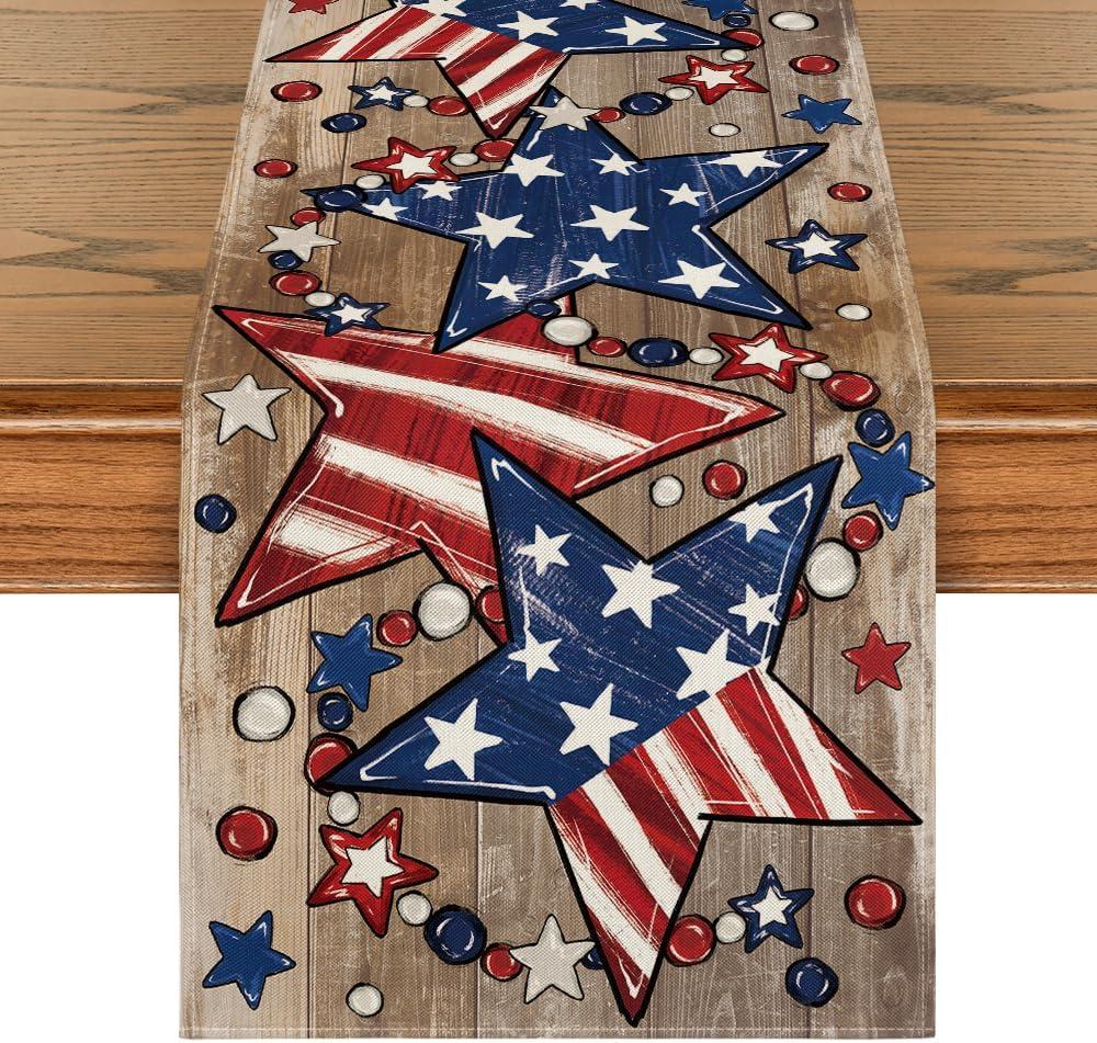 Artoid Mode Wood Stars Beads America Patriotic 4th of July Table Runner, Memorial Day Kitchen Dining Table Decoration for Home Party Decor 13x72 Inch