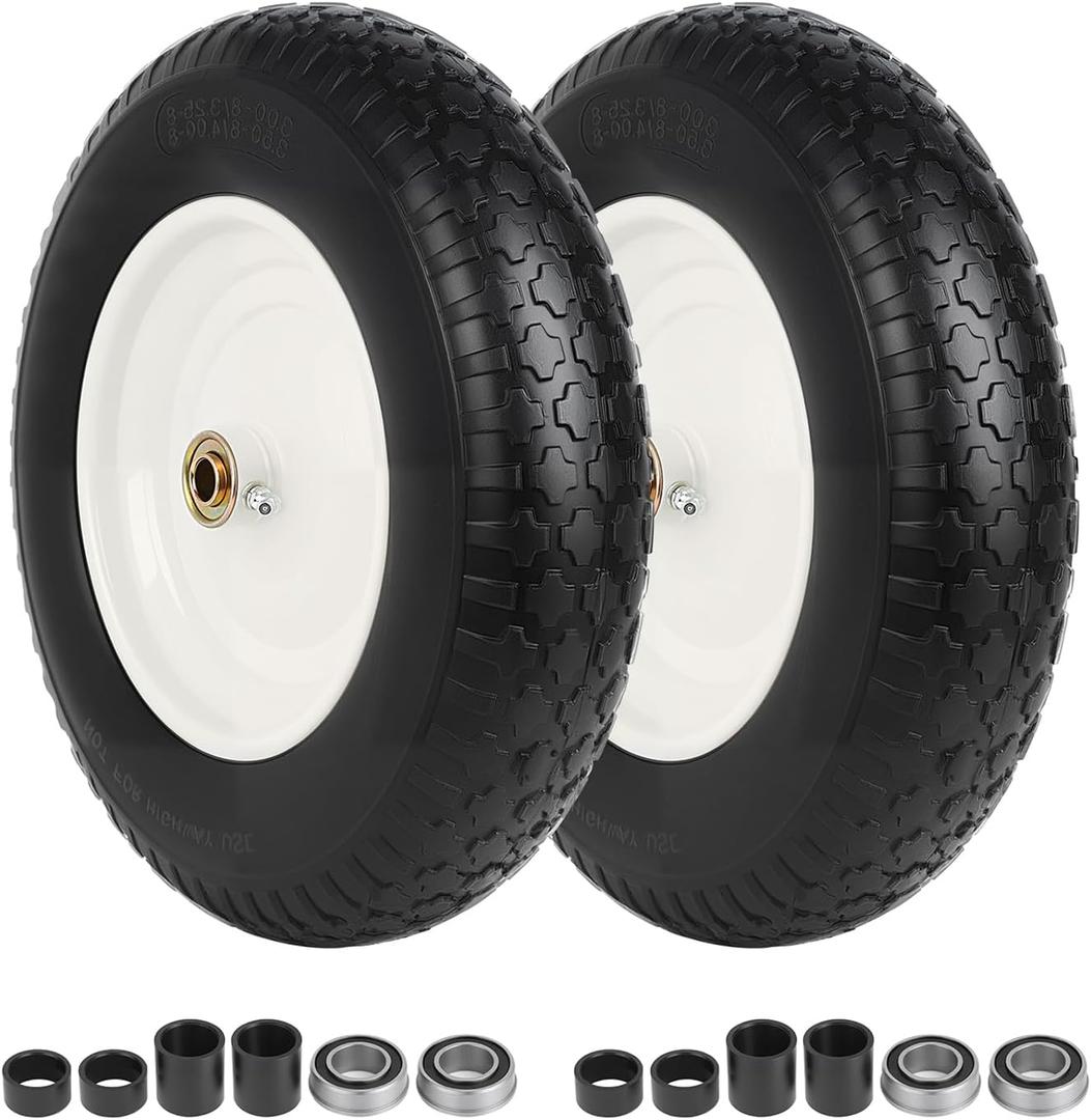 14.5" Wheelbarrow Tire Flat-Free, 3.50-8 Solid Tire 300LB Capacity Each, with 5/8" & 3/4" Bearings, 3"-4''-6''-7" Adjustable Hub, Tire and Wheel Replacement for Dolly, Hand Truck, Garden Cart, 2 Pack