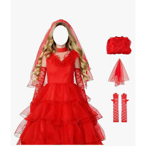 Halloween Gothic Women Red Wedding Dress Costume Tulle Skirt Vintage Goth Cosplay Party Outfits with Veil Gloves, Red, S