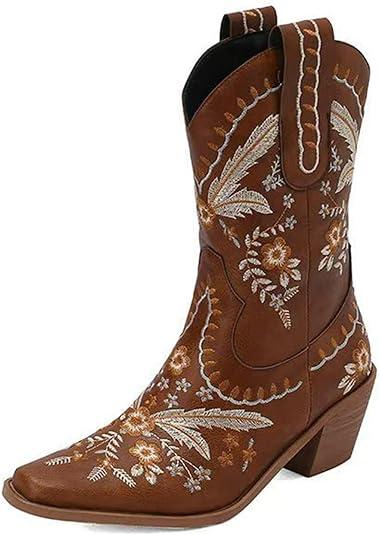 CIERWS Women's Embroidered Western Cowboy Boots Knee High Medium Heel Chunky Heel Fashion Retro Classic Boot, Brown US 5