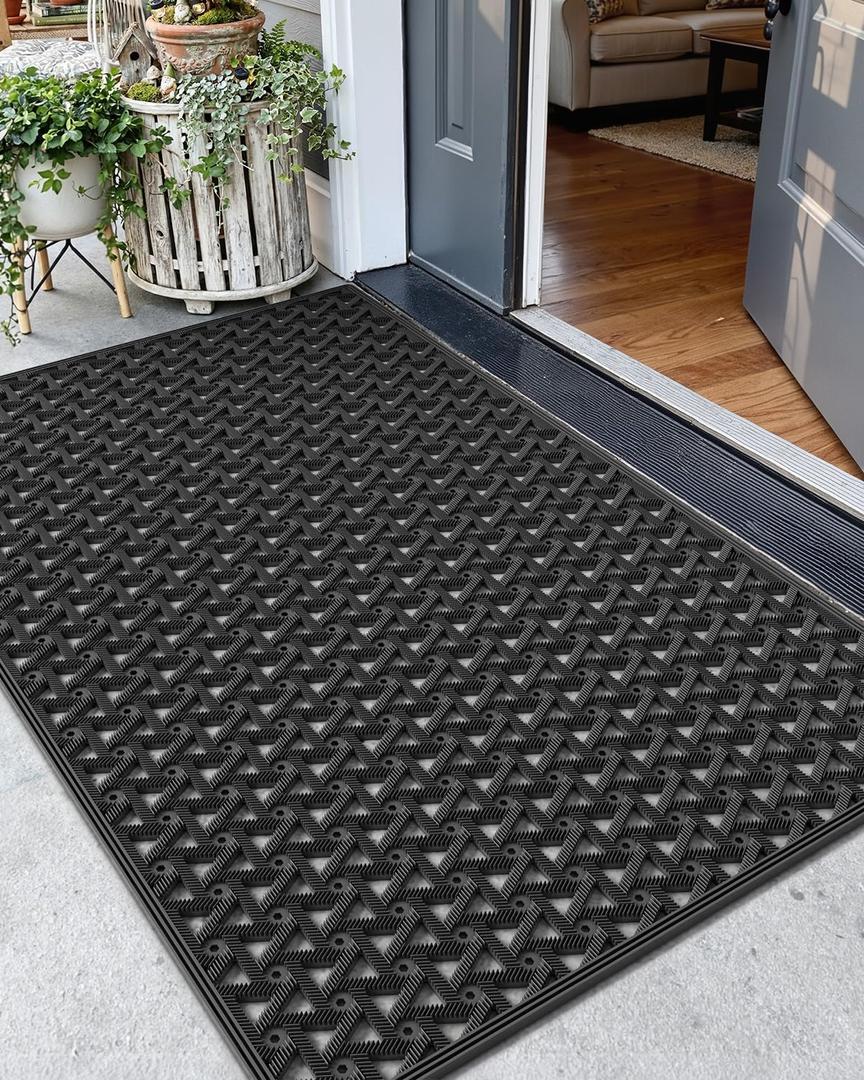 Color&Geometry Door Mat Outside Entrance with Drainage, Rubber Heavy Duty Dirt Trapper Waterproof Outdoor Welcome Mat, Outdoor Mats All Weather for Front Back Door Patio Entryway Entry, 32"X48" Black