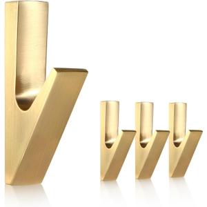 SIAMESE Aluminum Coat Hooks, 4 Pcs Brushed Gold Towel Hooks, Wall Hooks for Clothes, Jackets, Shower, Robe, Hat, Towel, in Bathroom, Kitchen, Living Room, Bedroom(Brushed Gold)