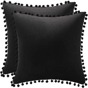 Decorative Pillow Covers 20x20 Black: 2 Pack Cozy Soft Pom-poms Velvet Square Throw Pillow Cases for Farmhouse Home Decor