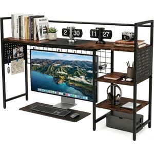 Desk Shelf Organizer with Pegboard & Hooks, Desk Hutch for Computer Monitor, Multi-Tier Wood Desktop Bookshelf Display Rack for Home Office Dorm Room (Vintage Brown, 50.39‘’)
