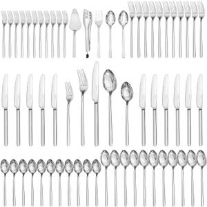 KINGSTONE Silverware Set With Serving Utensils, 65 Piece Flatware for 12, 18/10 Cutlery With 5 Piece Serving Utensil Set - Modern and Original Design, Dishwasher Safe