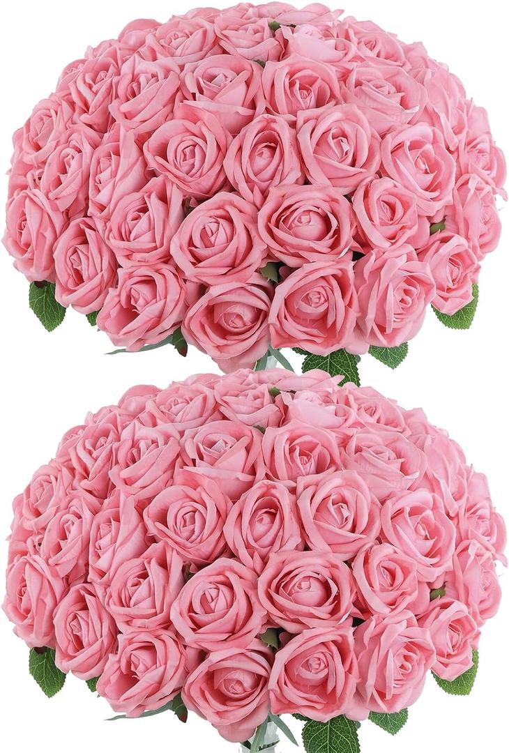 LFF Pink Roses Artificial Flowers, 50Pcs Premium Velvet Fake Roses with Stems, Realistic Faux Roses for Wedding Bouquet, Centerpieces, Home & Party Decoration