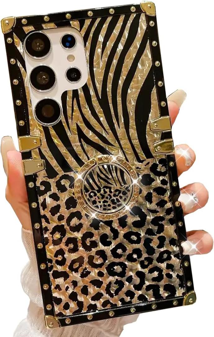 for Samsung Galaxy S25 Ultra Leopard Case with Rhinestone Ring Stand Holder, Black Cheetah Print Shockproof Protection Sparkle Bling Tightly Fit Cover for Samsung S25 Ultra (Leopard Pattern)