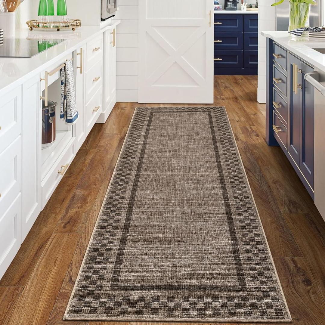 Rug Runners for Hallways 2x8 Washable Kitchen Runner Rug Non Slip Low Pile Bedside Throw Carpet Modern Bordered Bathroom Runners Checkered Area Rug for Living Room Bedroom Entryway Nursery, Brown