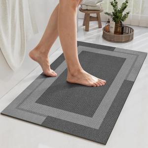 Non Slip Bath Mat, Rubber Backing Ultra Thin Bathroom Rugs Fit Under Door Quick Dry Super Absorbent Washable Bath Rug Shower Mat for Bathroom Floor Bathtub Sink, Easy Care Dark Grey 16"x24"