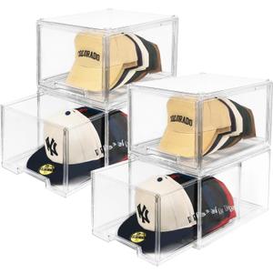 Hat Organizers, Stackable Clear Baseball Caps Holder Box Containers With Drawers for Hats Snapback Cap Storage, Hat Rack Display Case -Clear (4 Pack)