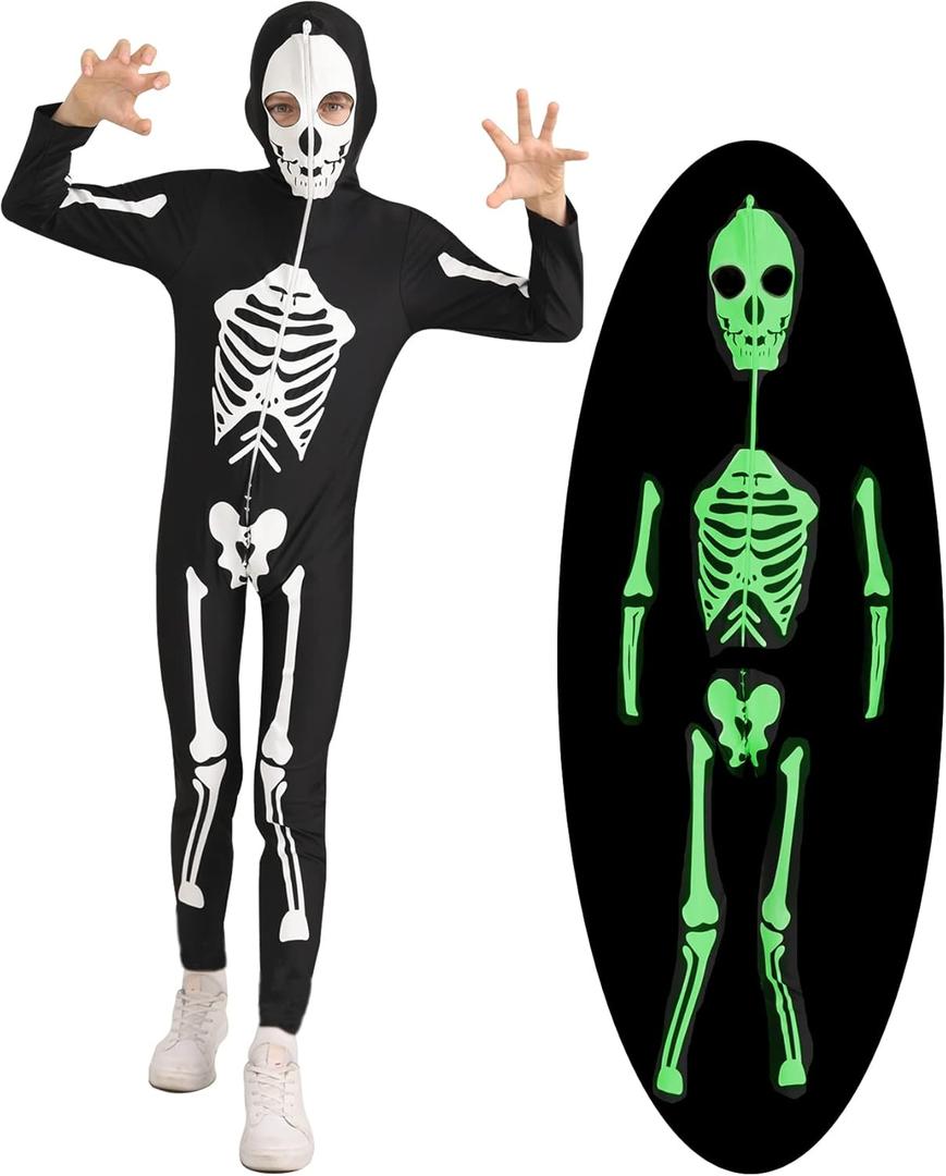 Lovekider Boys Girls Glow in The Dark Halloween Skeleton Costumes Black and White Bone Cosplay Bodysuit with Hood Full Coverage Jumpsuits 8-9 Years