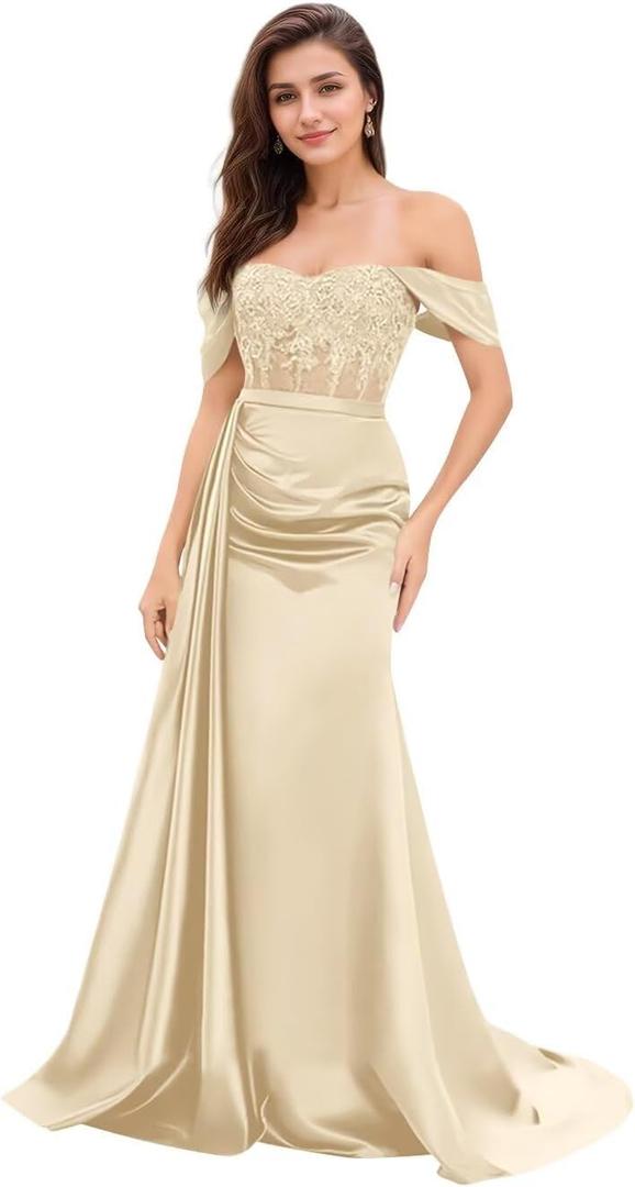 Off The Shoulder Prom Dresses for Women Lace Applique Bridesmaid Dress A-Line Formal Evening Party Gown Slit (16 Plus)