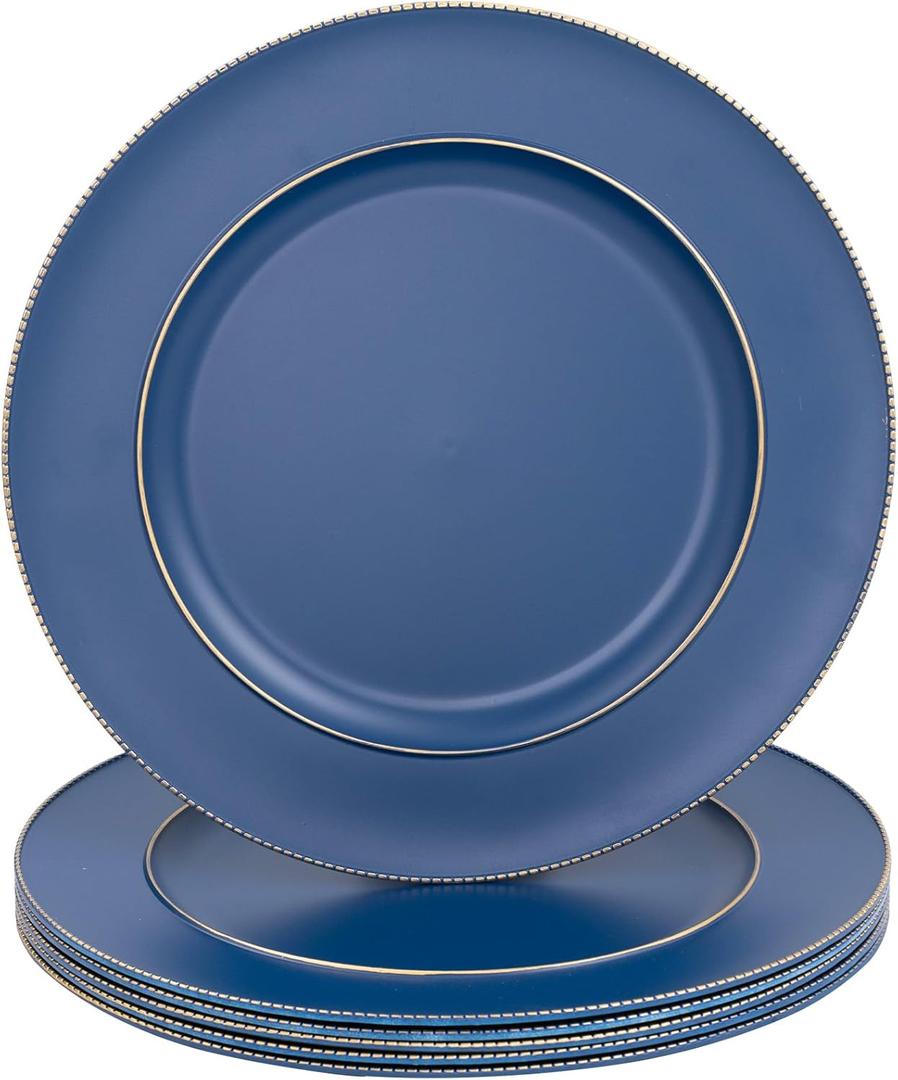 MAONAME Blue Charger Plates, 13" Plastic Round Charger for Dinner Plates, Plate Chargers Set of 6, Beaded Table Chargers for Wedding, Table Setting