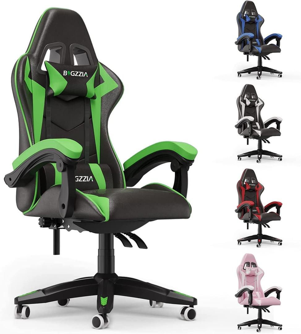 Bigzzia Gaming Chair for Adults, Ergonomic Computer Game Chairs, Headrest and Lumbar Support, Adjustable Height, Reclining, Racing Style, and 360Swivel Seat, Green